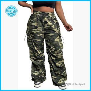 Plus Size Camo Cargo Pants Y2K Elastic Waist Wide Leg Streetwear Trousers